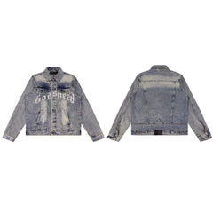 GODSPEED Vintage Washed Embroidered Denim Varsity Jacket