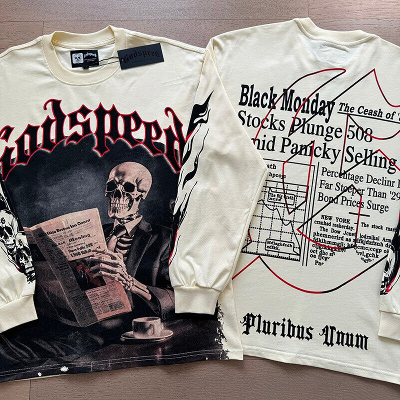 GODSPEED Vintage Newspaper Print Loose Long Sleeve Tee