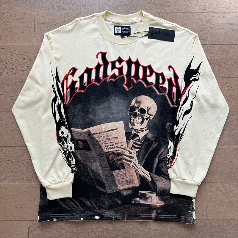 GODSPEED Vintage Newspaper Print Loose Long Sleeve Tee