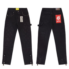 GODSPEED Distressed Embroidered Cargo Straight Denim Jeans