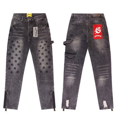 GODSPEED Distressed Embroidered Cargo Straight Denim Jeans