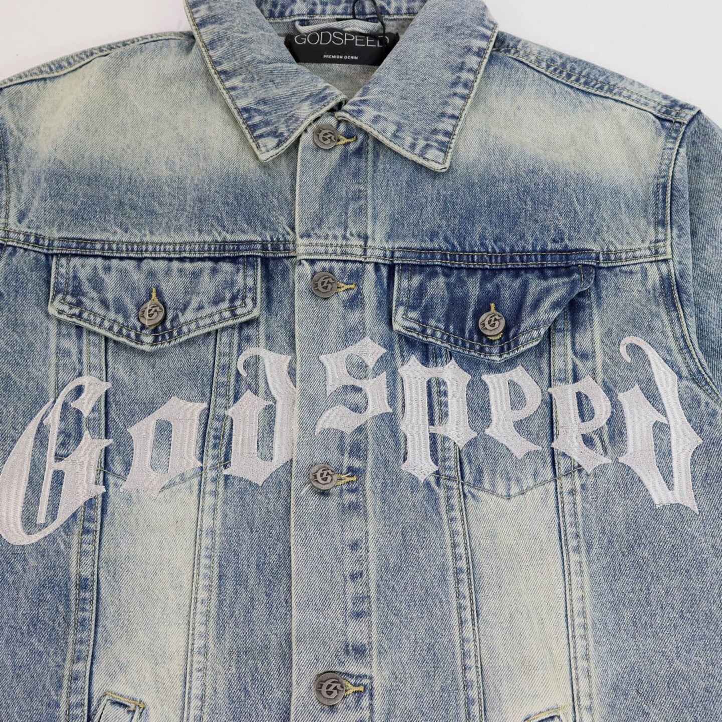 GODSPEED Vintage Washed Embroidered Denim Varsity Jacket