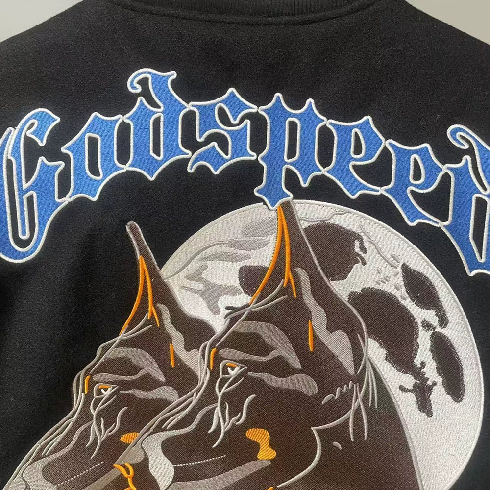 GODSPEED American Embroidered Moon Wolf Baseball Jacket